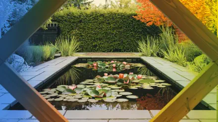 A serene garden pond adorned with vibrant water lilies, framed by lush greenery and colorful foliage. A stunning 4K Ultra HD background for desktop use.