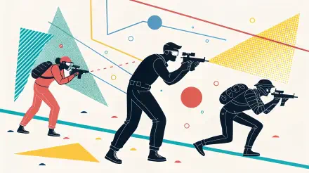 Stylized illustration of three players engaged in a laser tag game, featuring vibrant geometric shapes and dynamic poses, designed as a 4K Ultra HD PC desktop wallpaper.