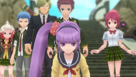 A group of characters from the video game Tales of Graces f Remastered stands together, featuring vibrant 4K Ultra HD graphics in a dynamic background.