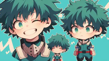 Chibi Izuku Midoriya from My Hero Academia smiles and poses in a colorful, energetic wallpaper, showcasing his vibrant personality and iconic green hair.