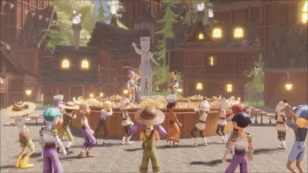 A vibrant scene from the video game Magic Inn, showcasing characters celebrating in a charming village plaza with a statue and cozy buildings in the background. HD PC desktop wallpaper.