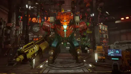 A vibrant HD wallpaper featuring a mech from the video game SYNDUALITY Echo of Ada, showcasing intricate details and a dynamic environment filled with neon lights and tech.