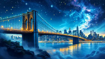 A stunning 4K Ultra HD image of the Brooklyn Bridge illuminated at night, set against a vibrant cosmic backdrop and shimmering water, showcasing the beauty of the New York City skyline.
