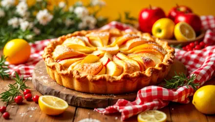 A beautiful apple pie sits on a wooden board, adorned with fresh apple slices and surrounded by lemons and flowers, serving as a vibrant 4K Ultra HD desktop wallpaper.