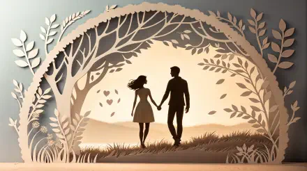 A serene 4K Ultra HD wallpaper depicting a couple holding hands, framed by intricate paper-cut trees and leaves, embodying the theme of soulmates.