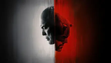 4K Ultra HD Daredevil: Born Again wallpaper featuring a split image of a man's profile and Daredevil's masked face against contrasting black, white, and red backgrounds.