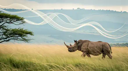 A serene 4K Ultra HD desktop wallpaper featuring a rhinoceros walking through tall grass, set against a backdrop of rolling hills and soft, flowing lines in the sky.