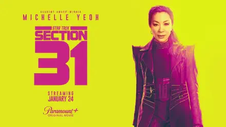 A vibrant HD wallpaper featuring Michelle Yeoh for the movie Star Trek: Section 31, with bold colors and marketing details indicating a streaming release on January 24.