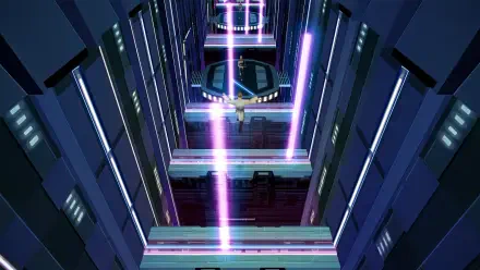 HD desktop wallpaper featuring a scene from Star Wars Episode I: Jedi Power Battles, showcasing vibrant neon lights and dynamic action in a futuristic corridor.