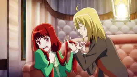An anime scene from I Want to Escape from Princess Lessons, featuring a red-haired girl looking distressed while a blonde character playfully tugs at her hair in an elegant setting.