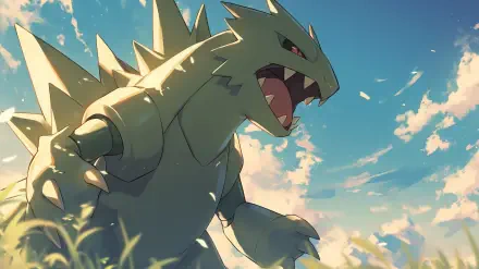 A vibrant HD anime wallpaper featuring Tyranitar from Pokémon, showcasing the fierce creature against a picturesque sky with soft clouds and lush grass.