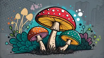A vibrant illustration of colorful mushrooms surrounded by stylized flora and abstract shapes, serving as an engaging fungi-themed 4K Ultra HD desktop wallpaper.