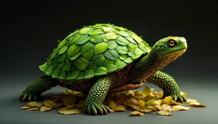 A vibrant green turtle with a shell covered in leaves, surrounded by golden leaves, set against a dark background. This striking image serves as a 4K Ultra HD desktop wallpaper.