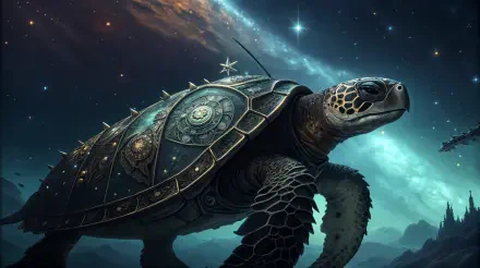 A majestic turtle with intricate armor swims through a cosmic landscape, featuring vibrant stars and swirling galaxies, set as a stunning 4K Ultra HD desktop wallpaper.