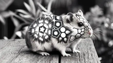 A creatively designed hamster with intricate black and white patterns on its fur, set against a natural background, showcased as a 4K Ultra HD PC desktop wallpaper.
