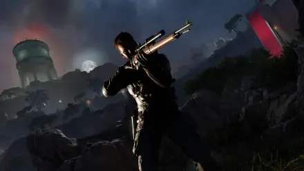 A dramatic scene from the video game Sniper Elite: Resistance, featuring a sniper poised with a rifle against a moody, atmospheric backdrop. 4K Ultra HD resolution enhances the detail.