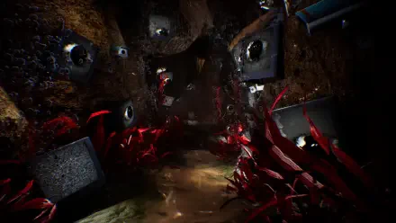 HD PC desktop wallpaper featuring a dark, eerie corridor filled with eyes and red tentacles from the video game The Inn-Sanity.