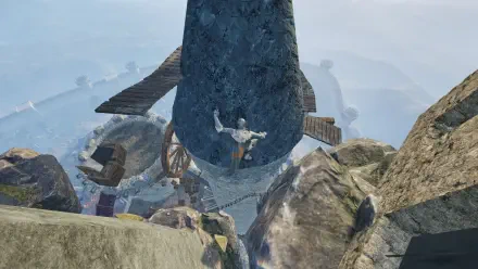 A high-definition desktop wallpaper from the video game Only Up: Lizards Must Fall, showcasing a stunning rocky landscape with a character navigating a towering structure.