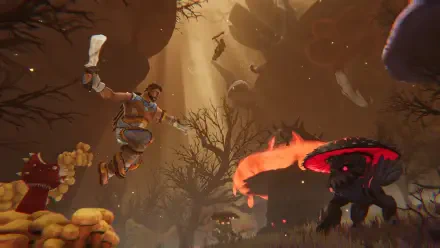 A vibrant 4K Ultra HD wallpaper from the video game Aloft, featuring a character leaping through a mystical landscape with glowing mushrooms and mysterious creatures.