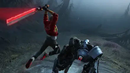 A dynamic scene from the video game Intergalactic: The Heretic Prophet, featuring a character wielding a red lightsaber while battling a robotic enemy in a misty setting.