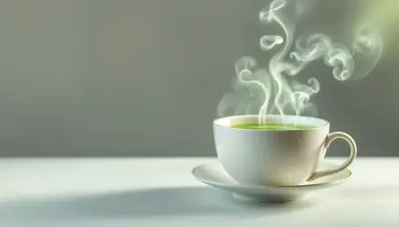 A steaming cup of green tea sits on a saucer, releasing wisps of fragrant steam. The image is a stunning 4K Ultra HD wallpaper, emphasizing tranquility and warmth.