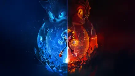 4K Ultra HD Sonic the Hedgehog 3 PC desktop wallpaper featuring contrasting blue and red halves with Sonic and Shadow in dynamic poses.