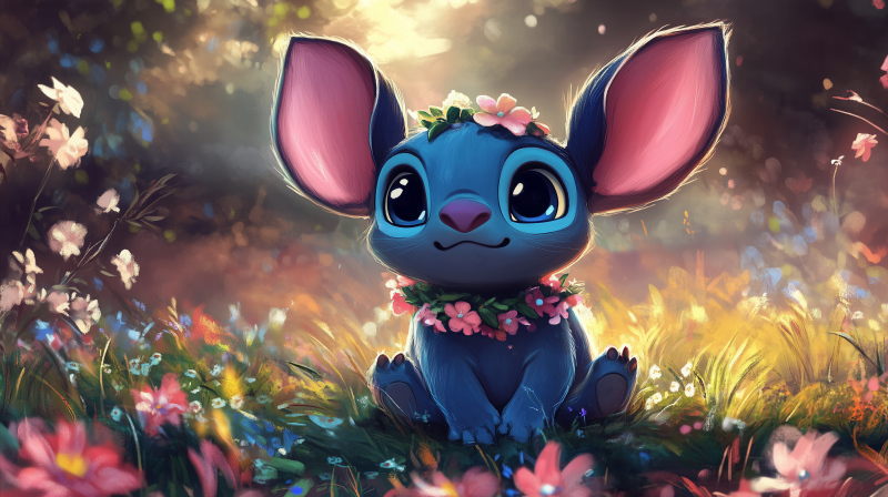 {{ A kawaii depiction of Stitch from *Lilo & Stitch*, surrounded by colorful flowers in a vibrant, sunlit meadow, perfect as a charming HD desktop wallpaper. 