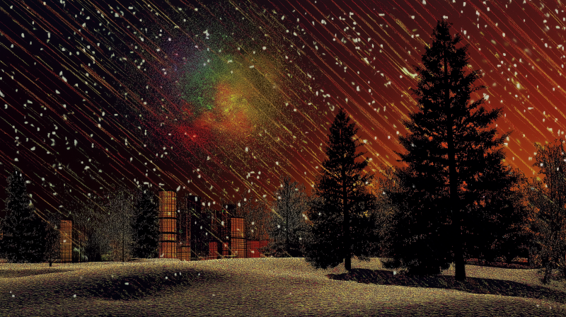 {{ A starry sky filled with vibrant colors hangs over a snowy landscape, featuring tall trees and distant structures, perfect as an HD PC desktop wallpaper. 