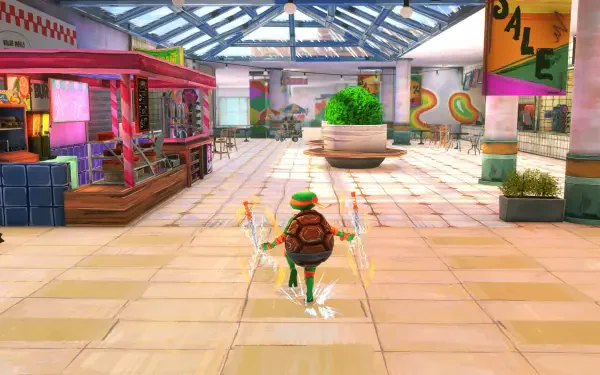A colorful HD wallpaper from Teenage Mutant Ninja Turtles: Mutants Unleashed, featuring a turtle navigating a vibrant, empty shopping plaza with various shops in the background.