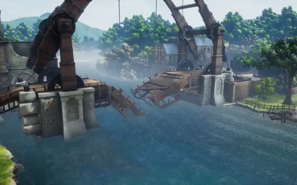 A serene landscape from Romancing SaGa 2: Revenge of the Seven, featuring a bridge and waterway surrounded by lush greenery, captured as a high-definition PC desktop wallpaper.