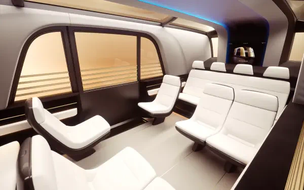 A sleek interior of a Tesla robovan featuring modern white seating and large windows, set against a soft-lit backdrop. This 8K Ultra HD image offers a futuristic transport aesthetic.