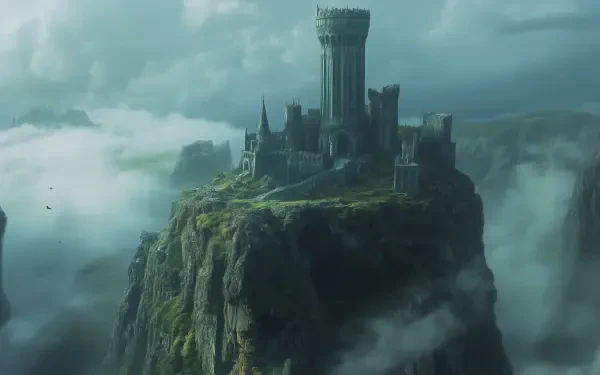 A stunning HD wallpaper of a fantasy wizard tower perched on a rocky cliff, surrounded by mist and dramatic clouds, evoking a sense of magic and adventure.