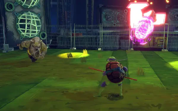 An action-packed scene from Teenage Mutant Ninja Turtles: Mutants Unleashed, featuring a turtle preparing for battle against a formidable foe in a vibrant, dynamic setting.