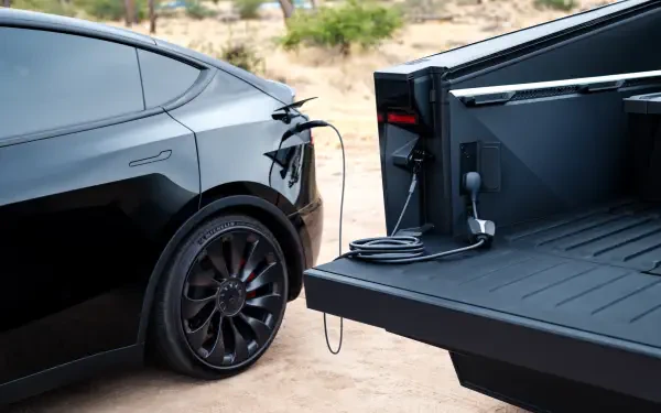 A sleek black Tesla Cybertruck charging, showcasing its innovative design and modern appeal, captured in high-quality 4K Ultra HD for a striking desktop wallpaper.