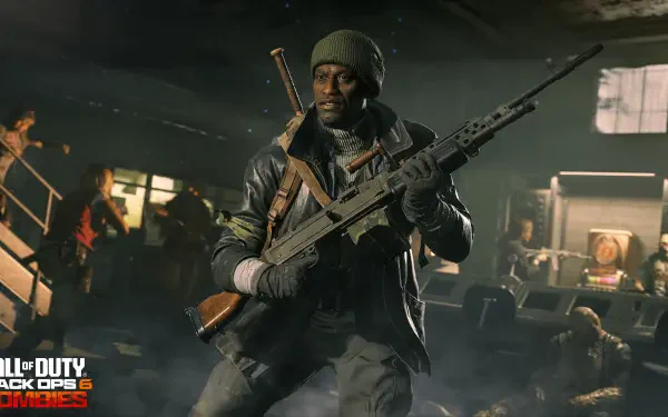 A character from Call of Duty: Black Ops 6 stands confidently with a rifle, set against a dynamic, shadowy battlefield background. 4K Ultra HD wallpaper for PC.