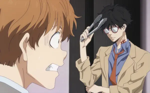A dynamic scene from Ron Kamonohashi's Forbidden Deductions, featuring two characters in a tense moment, showcasing the anime's engaging art style and intriguing narrative.