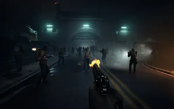 A dramatic scene from the video game No More Room In Hell 2, featuring a player aiming a gun at a horde of zombies in a dark, smoke-filled environment with eerie lighting.