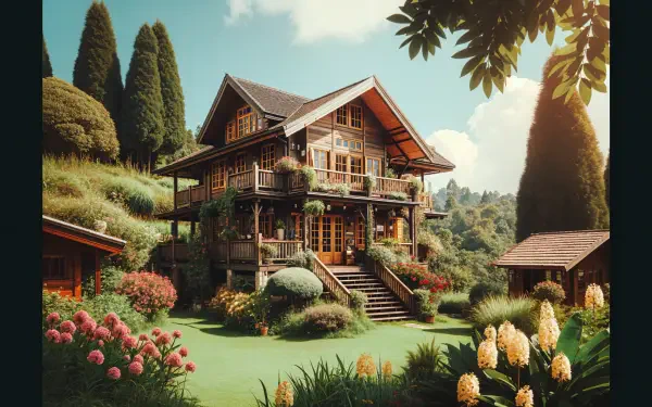 A picturesque vacation home nestled in a lush garden, featuring a wooden structure with large windows and vibrant flowers, set against a backdrop of green hills and blue skies.