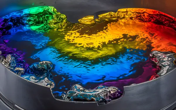 A vibrant color spectrum displayed in a reflective liquid surface, capturing a dazzling array of hues, designed as a 4K Ultra HD PC desktop wallpaper and background.