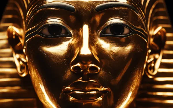 Close-up of the golden mask of Pharaoh Tutankhamun, a symbol of ancient Egypt, displayed in stunning 4K Ultra HD detail as a PC desktop wallpaper.