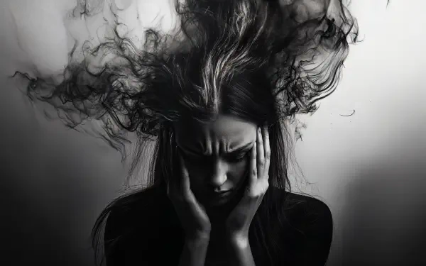 A stressed-out woman presses her hands to her temples, surrounded by swirling dark wisps, captured in a striking black-and-white 4K Ultra HD wallpaper.