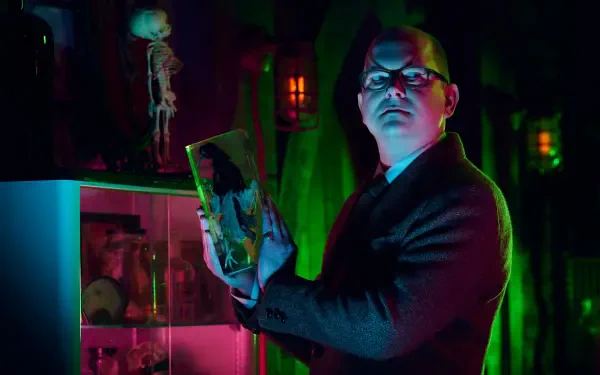 Mark Proksch stands dramatically in a colorful, eerie setting from the TV show *What We Do in the Shadows*, holding an object amidst shadows and vibrant lighting.