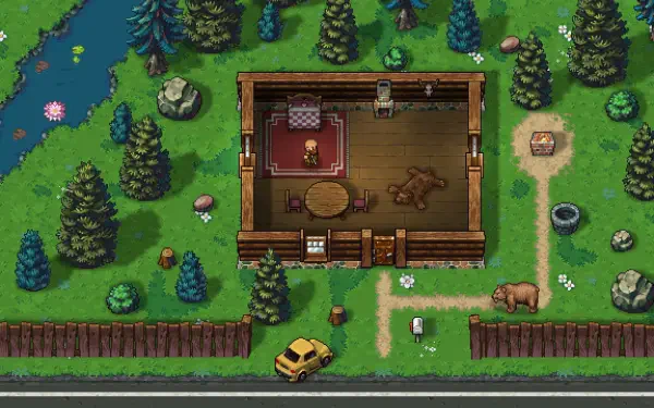 A vibrant desktop wallpaper featuring gameplay from Streets of Rogue 2, showcasing a character in a cabin surrounded by lush greenery, trees, and a nearby pond.