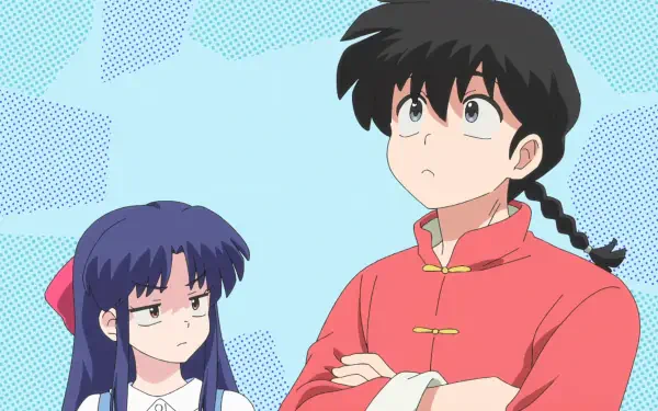 HD anime wallpaper featuring Ranma Saotome and Akane Tendou from Ranma ½, with a blue patterned background.