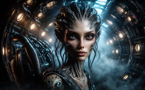A detailed sci-fi character with intricate cybernetic features in a futuristic, mechanical environment, rendered as a 4K Ultra HD AI art desktop wallpaper.