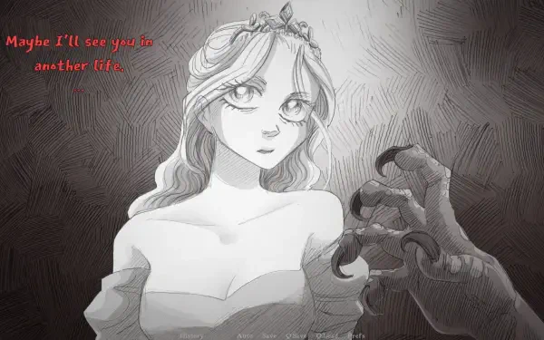 A captivating HD wallpaper from Slay the Princess — The Pristine Cut, featuring a mysterious figure in a gown and a dark, clawed hand, with the text, Maybe I'll see you in another life.