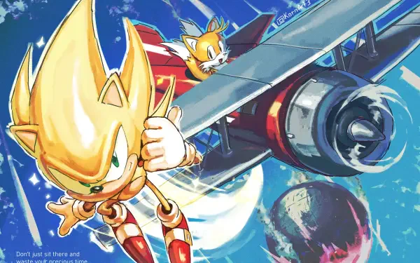 HD PC desktop wallpaper featuring Super Sonic and Tails from Sonic the Hedgehog 2 flying near a vintage airplane with space and a planet in the background.
