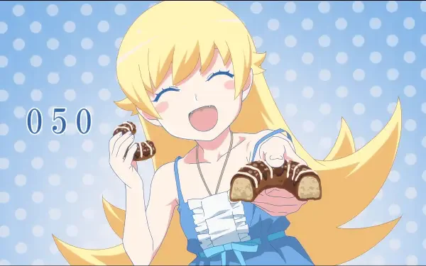 A cheerful Shinobu Oshino from the Monogatari series enjoys sweets, holding chocolate treats with a bright blue background, featured as a 4K Ultra HD desktop wallpaper.