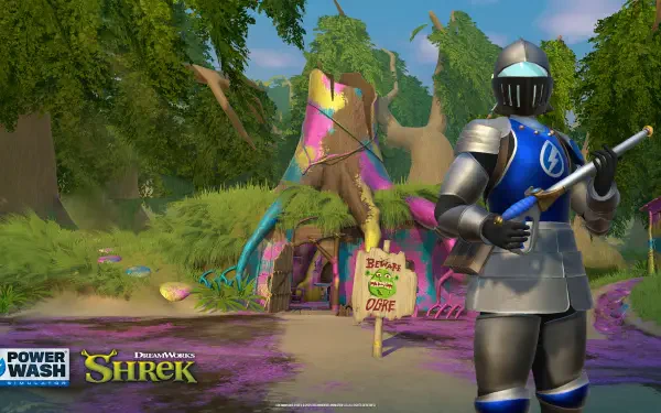 A knight in armor stands with a power washer in front of Shrek's colorful swamp home, featured in the HD PC wallpaper for the PowerWash Simulator – Shrek Special Pack.