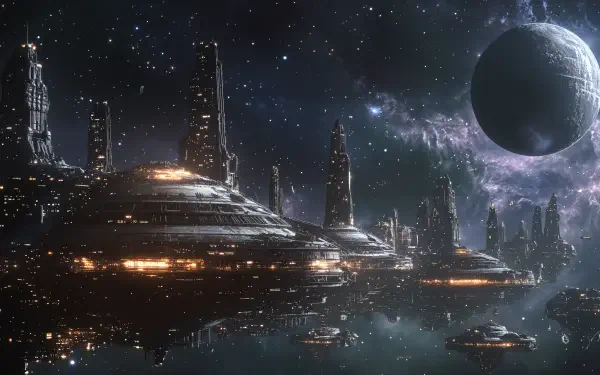 A stunning 4K Ultra HD wallpaper featuring a futuristic space station in a Galactic Empire setting, surrounded by a starry cosmos and a prominent planet in the background.
